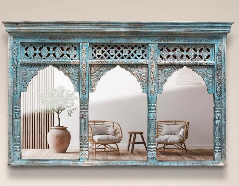 Handcrafted Vintage Carved Wooden Wall Frame – Rustic Blue Distressed Finish, Boho Indian Arch Design